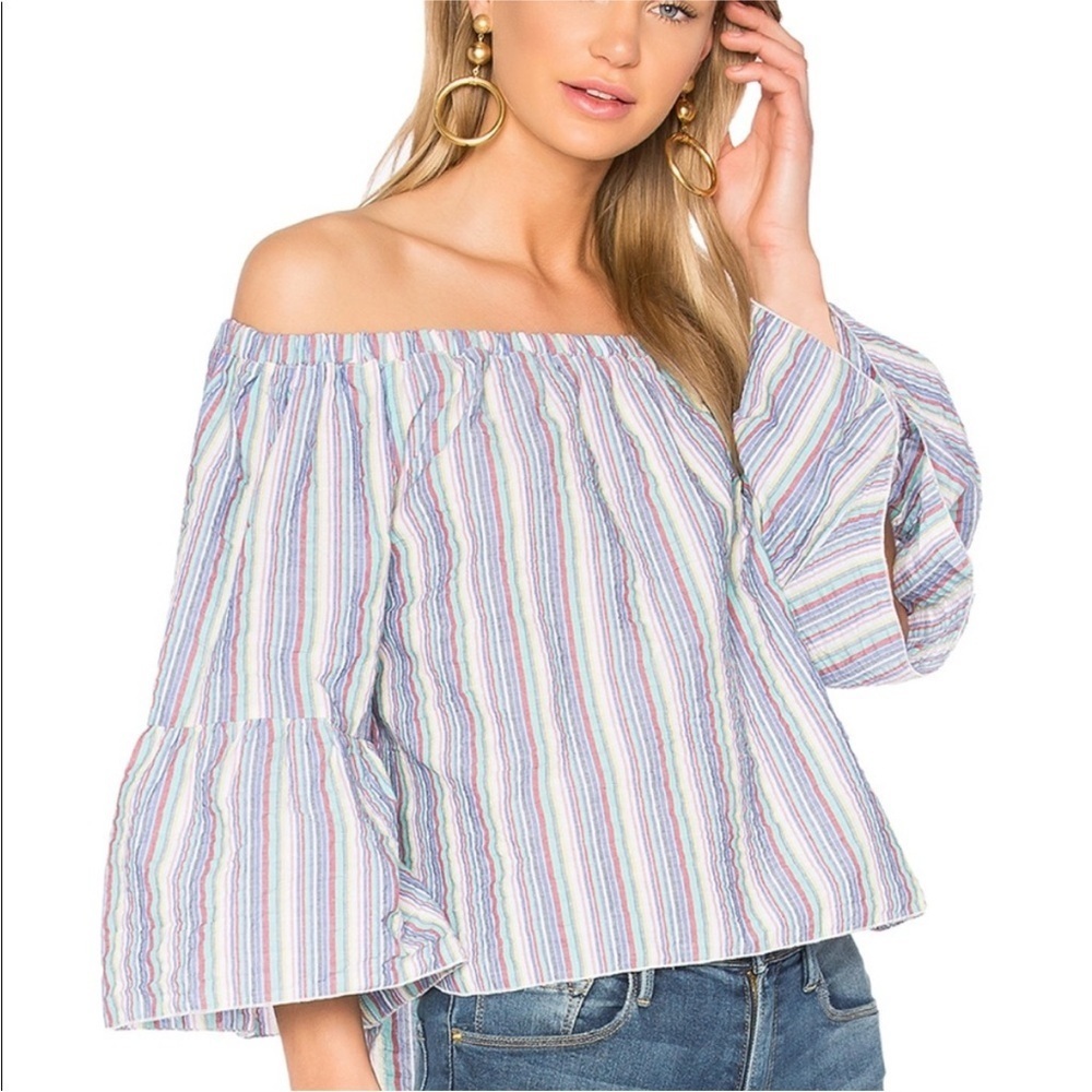 SEE BY CHLOE OFF SHOULDER TOP Bell Sleeves Striped M Cotton Boho Coastal